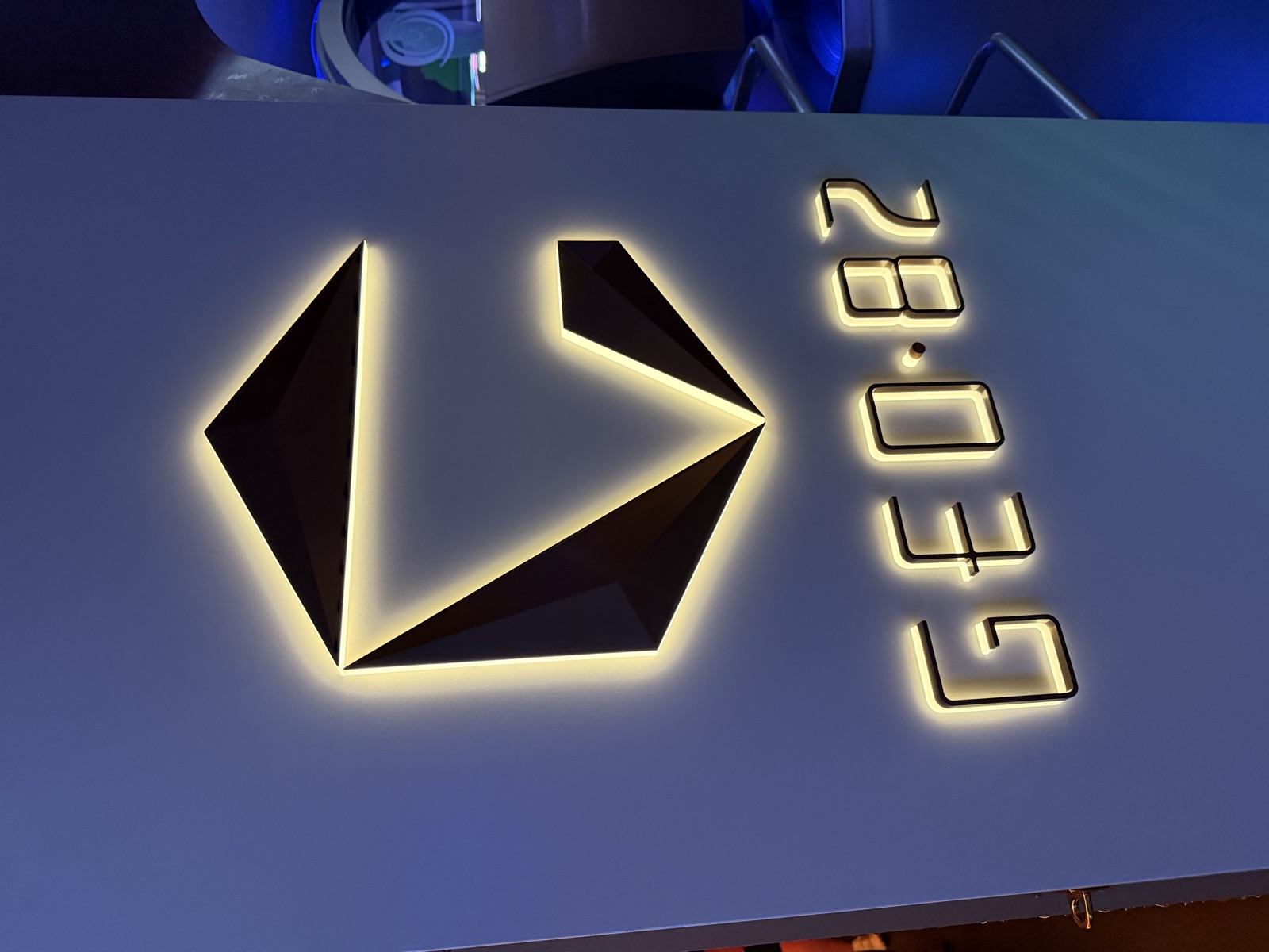 The GEO-82 sign inside the lounge